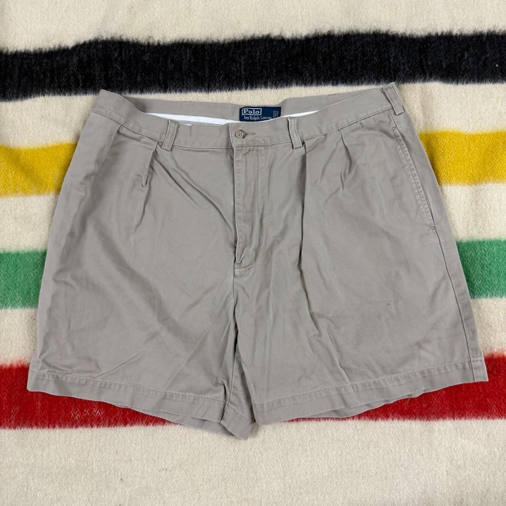 Vintage Polo Ralph Lauren Chino Andrew Short Khaki Tan Pleated Mens 38 Fits 36